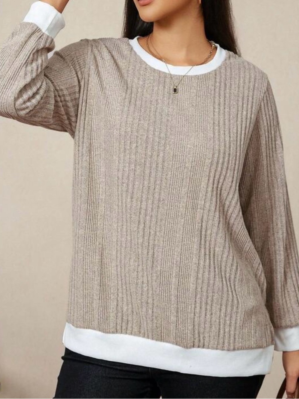 Beige Ribbed Knit Pullover with White Trim